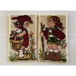 HUMMEL Peasant Girl & Boy COMPLETED Latch Hook Wall Hangings VINTAGE 16x27